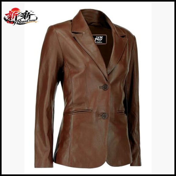 Lambskin Leather Blazer Jacket Women Classic 2-Button Notched Lapel - Picture 4 of 7
